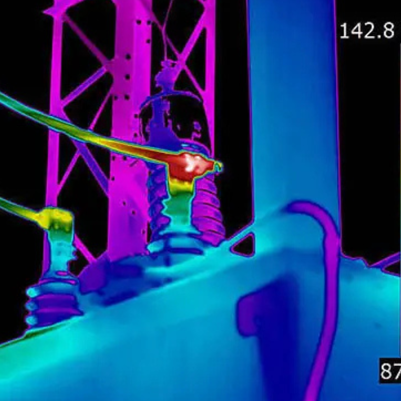 Teledyne Flir T1010 12 thermal image electrical insulator hotspot highlighted.