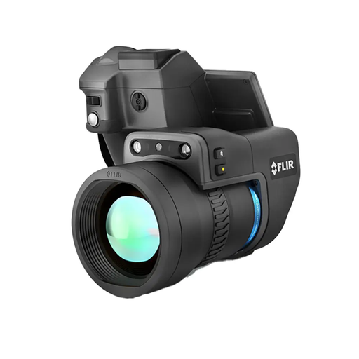 Teledyne Flir T1020 28 Nist angled view black thermal camera green lens.