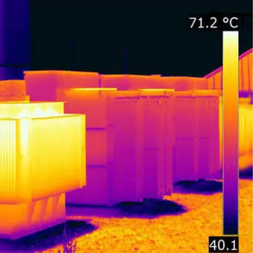 Teledyne Flir T1020 Kit 12 45 angled thermal view of transformers showing heat distribution with temperature scale.