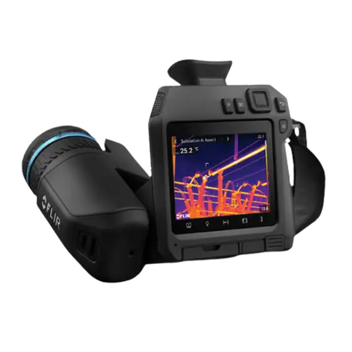 Teledyne Flir T865 24 Nist angled view thermal camera with rotated screen showing infrared image.