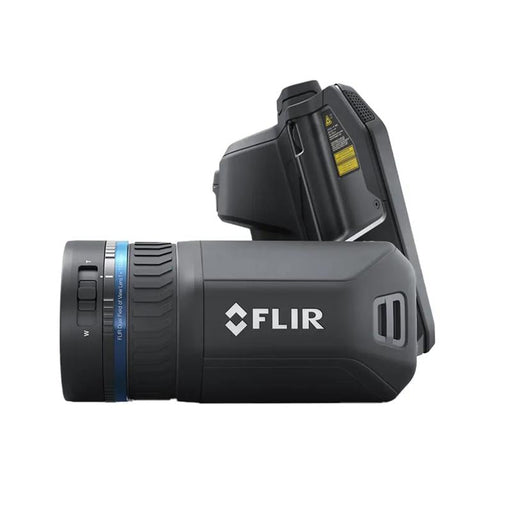 Teledyne Flir T865 Dfov side view closeup black body blue ring logo visible.