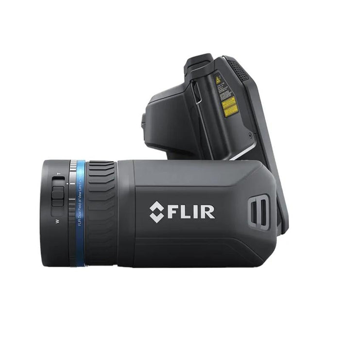 Teledyne Flir T865 Dfov side view closeup black body blue ring logo visible.