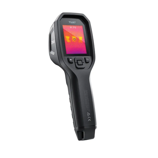 Teledyne Flir Tg267 angled view black thermal camera screen displaying heatmap.