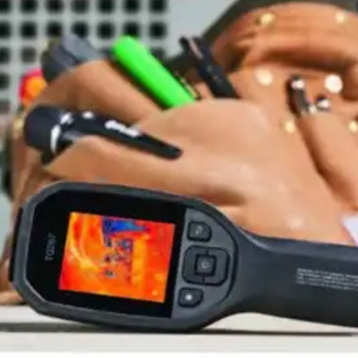 Teledyne Flir Tg267 horizontal view black thermal camera on workbench color screen on.