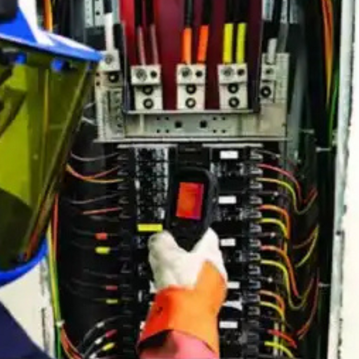 Teledyne Flir Tg267 inspection view technician using thermal camera on electrical panel.