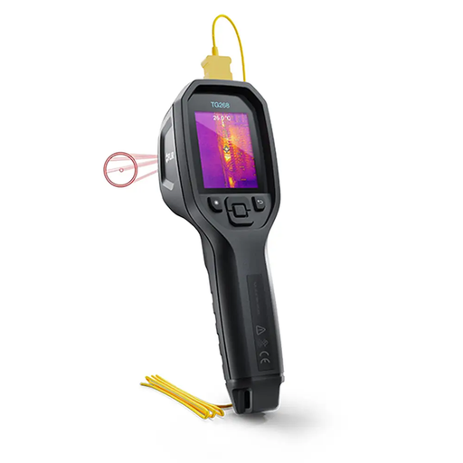 Teledyne Flir Tg268 angled view display screen with thermal image and laser.