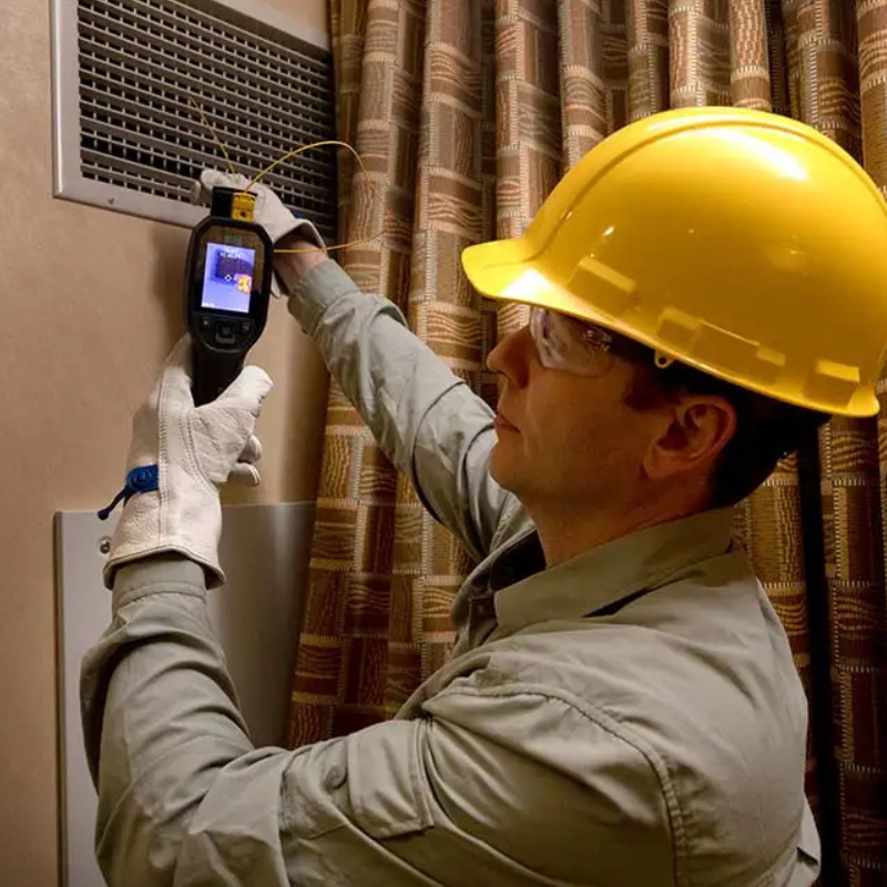 Teledyne Flir Tg268 technician using camera on air vent with hardhat and gloves.