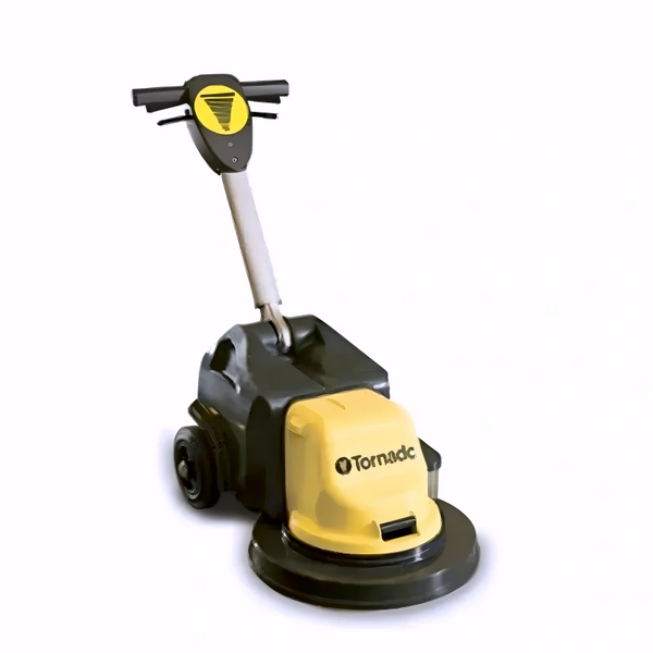 Tornado 17 Ultra High Speed Battery Operated Burnisher front angle full view yellow and black body.