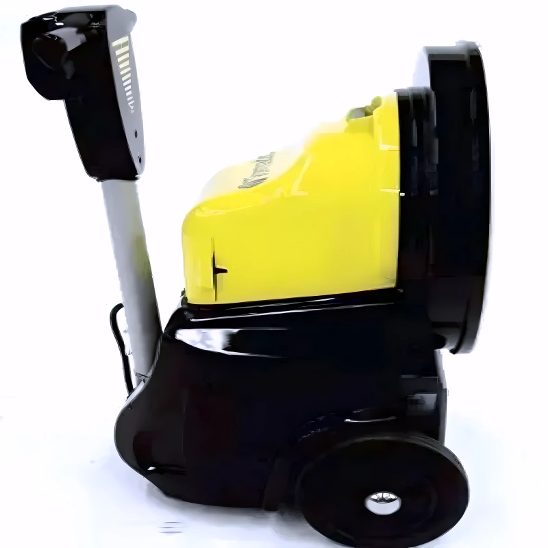 Tornado 17 Ultra High Speed Battery Operated Burnisher side view yellow housing black body handle upright.