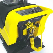 Tornado 20 Gal Marathon 2000 Self Contained Carpet Extractor w Traction Drive rear view yellow body black control panel coiled yellow hose.