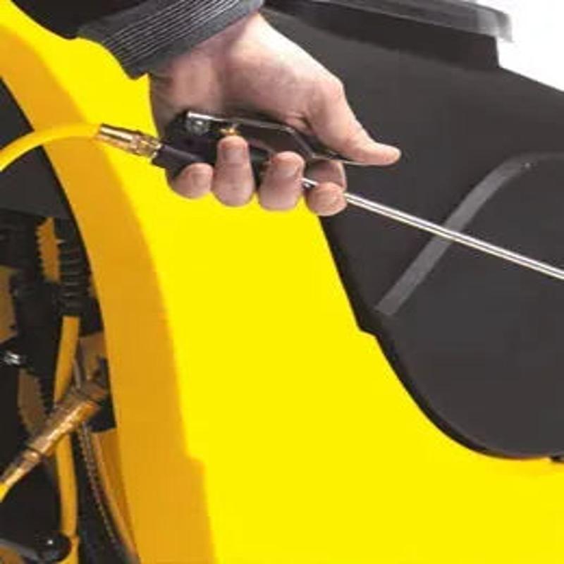 Tornado 20 Gal Marathon 2000 Self Contained Carpet Extractor w Traction Drive side view yellow body black panel hand holding spray wand.