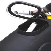 Tornado 20 Gal Marathon 2000 Self Contained Carpet Extractor w Traction Drive top view black lid hand removing white filter.