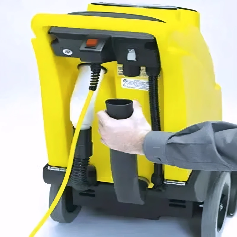 Tornado 20 Marathon 1200 Self Contained 12 Gallon Carpet Extractor rear view emptying hose yellow body.