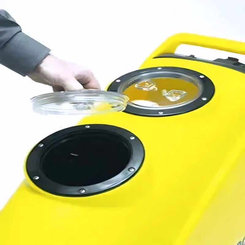 Tornado 20 Marathon 1200 Self Contained 12 Gallon Carpet Extractor top view filling water tank yellow body.