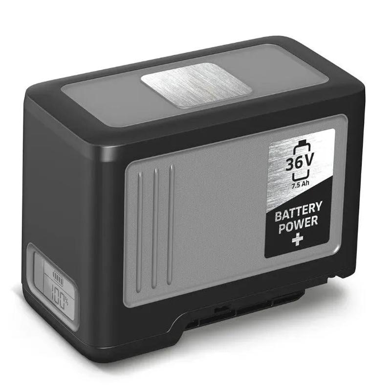 Tornado 36V 7 5Ah Lithium ion Battery angled view black and silver case with digital display and 36v label.