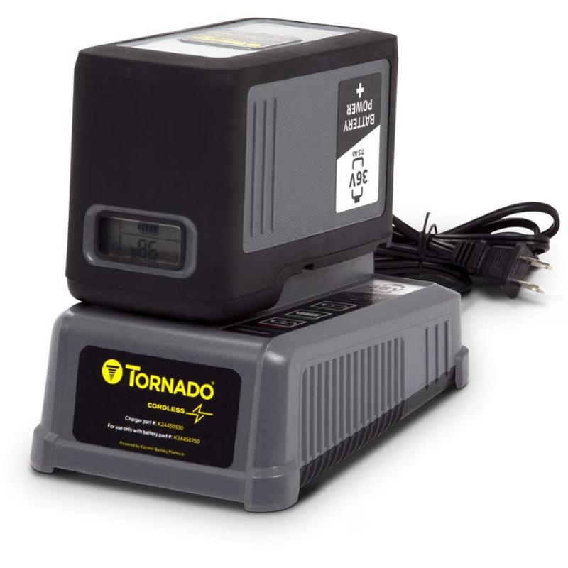 Tornado 36V 7 5Ah Lithium ion Battery on charger black and silver battery gray charger with yellow tornado logo.