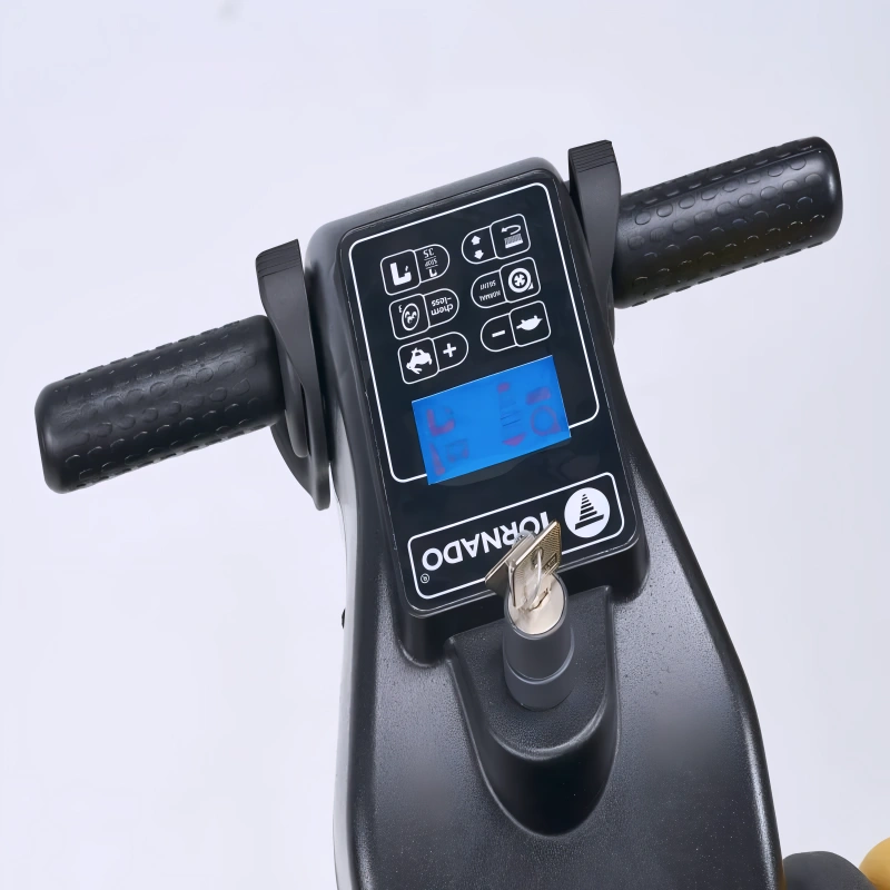 Tornado BD 26 20 Walk Behind Disk Scrubber control panel black handle blue display.