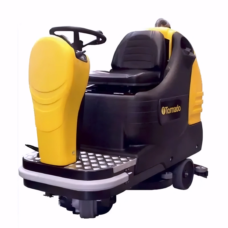 Tornado BD 28 27 Ride On Automatic Floor Scrubber full view black yellow body.