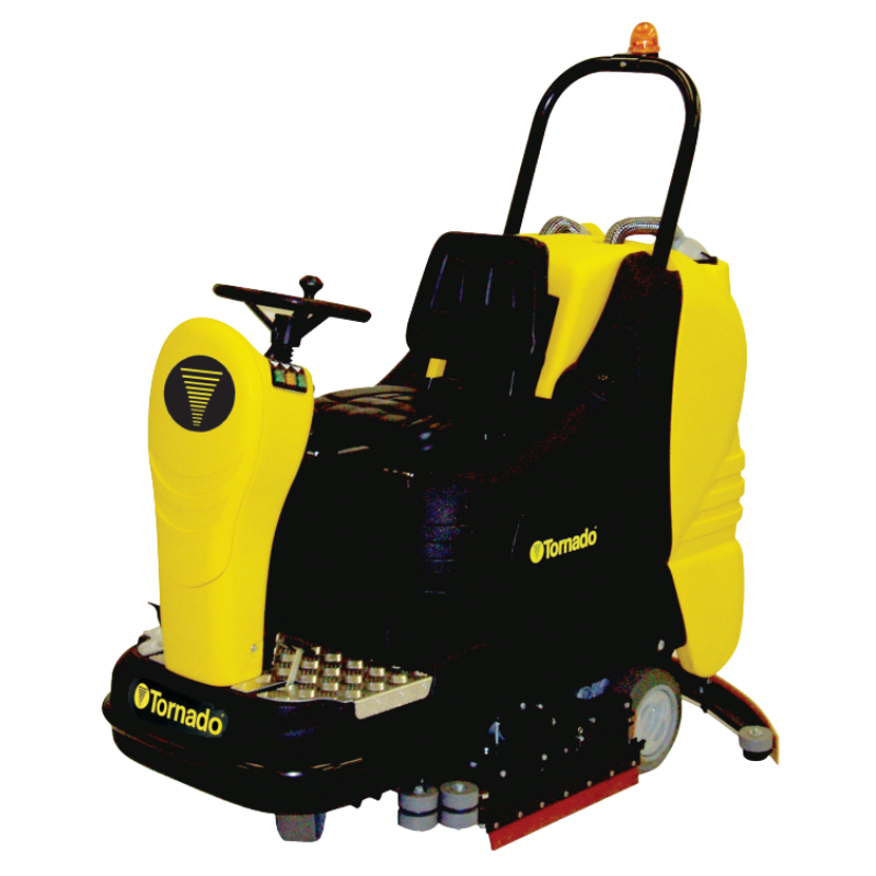 Tornado BD 33 30 ride on floor scrubber battery powered yellow black body front angle.