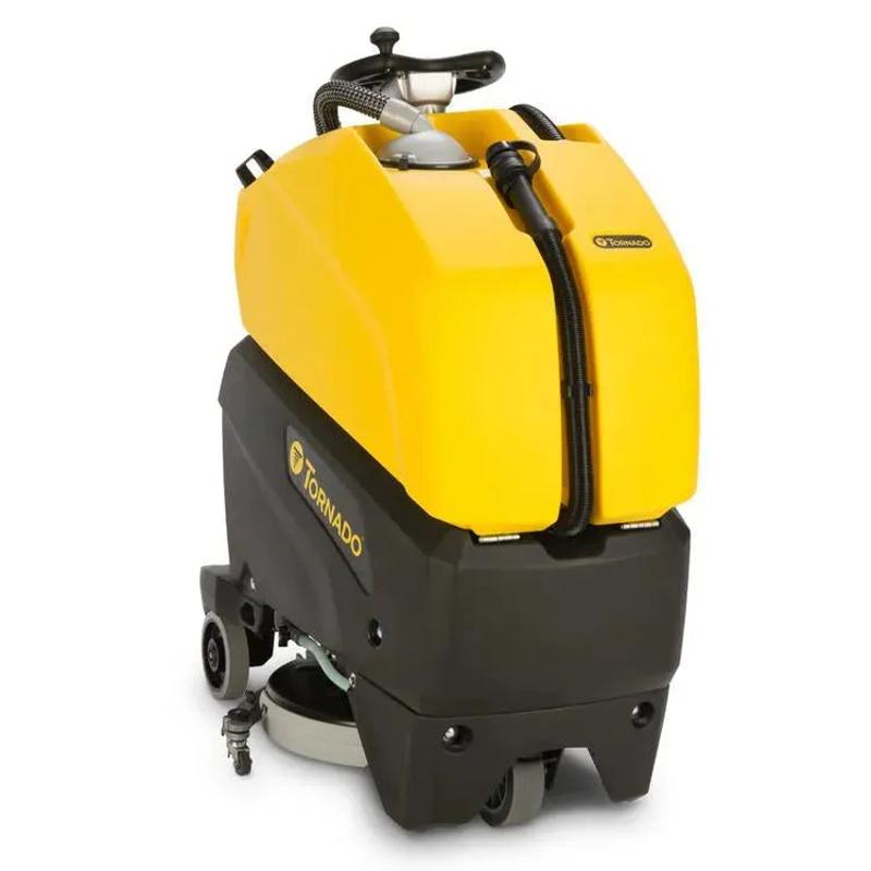 Tornado BDSO 20 21 Stand On Auto Scrubber 20 Inch front angle yellow tank black body.