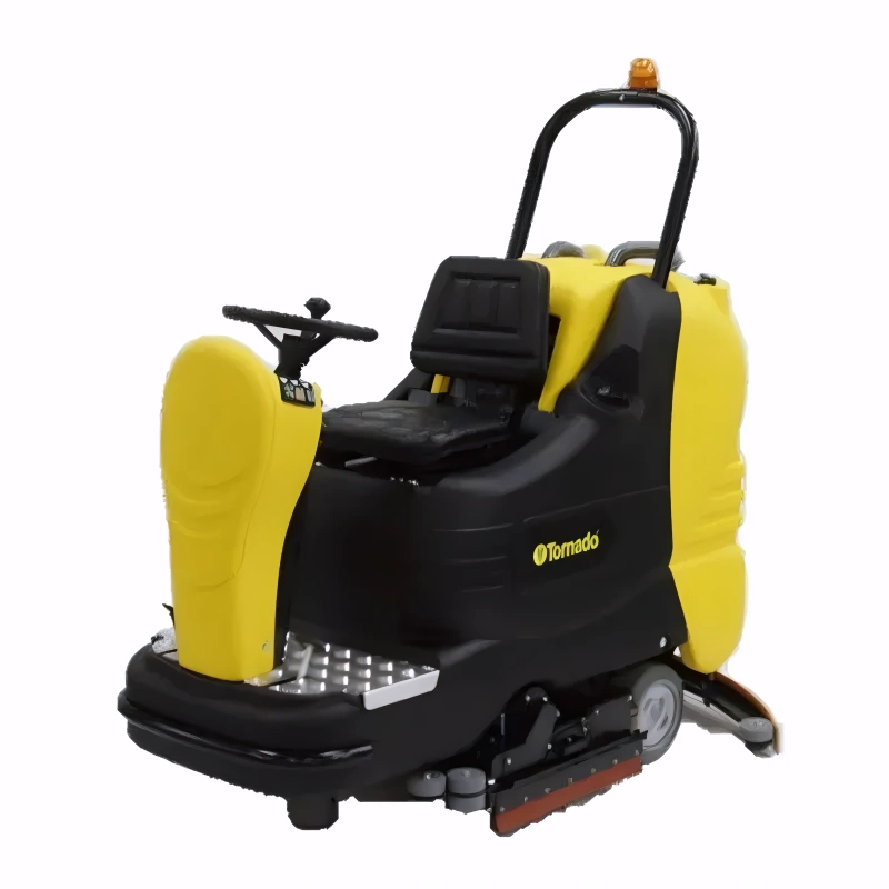 Tornado BR 33 30 ride on floor scrubber battery powered yellow black body steering wheel seat.
