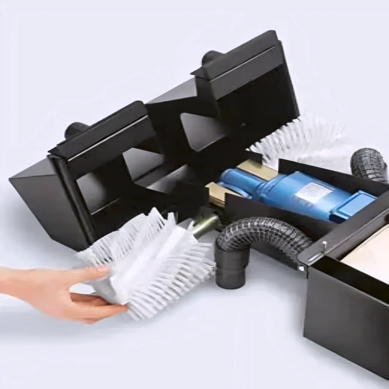 Tornado BR460 Escalator Cleaner open top view hand removing filter black yellow case blue motor.