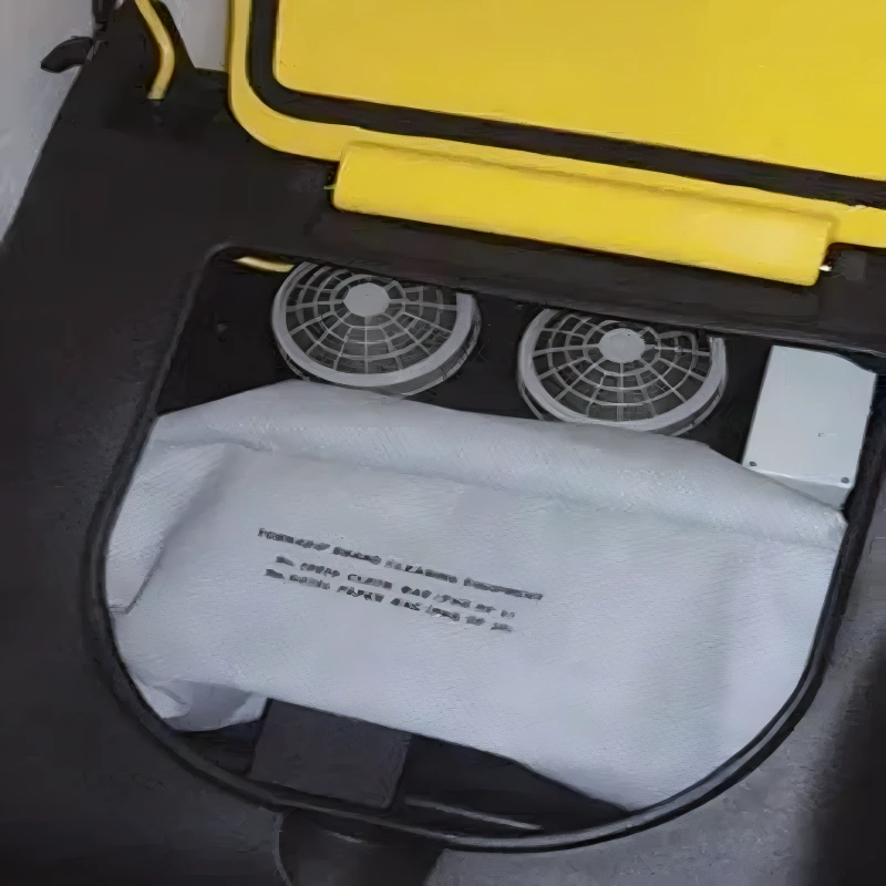 Tornado CK 3030 open filter compartment dual fans white bag yellow lid.