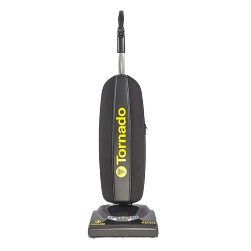 Tornado CK LW 13 1 lightweight roam battery upright vacuum front view black body yellow logo.