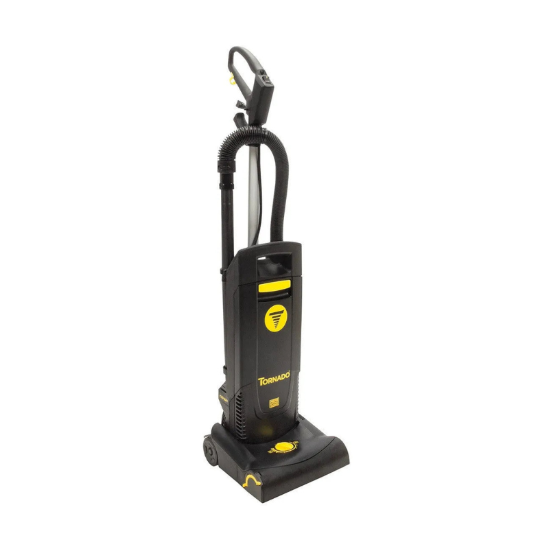 Tornado Deluxe CVD 30 Upright Vacuum single motor on board tools front angle black yellow logo 2.
