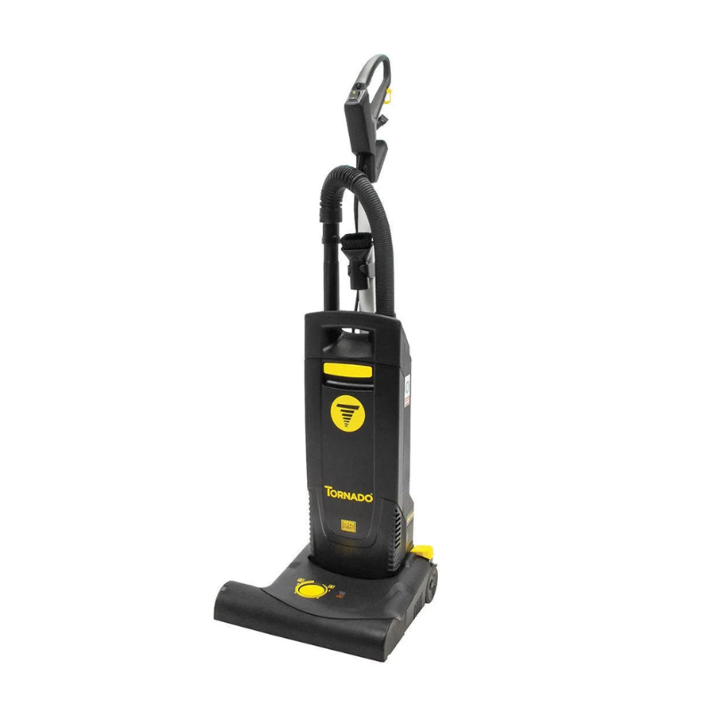 Tornado Deluxe CVD 38 Upright Vacuum single motor black yellow body onboard tools hose handle.