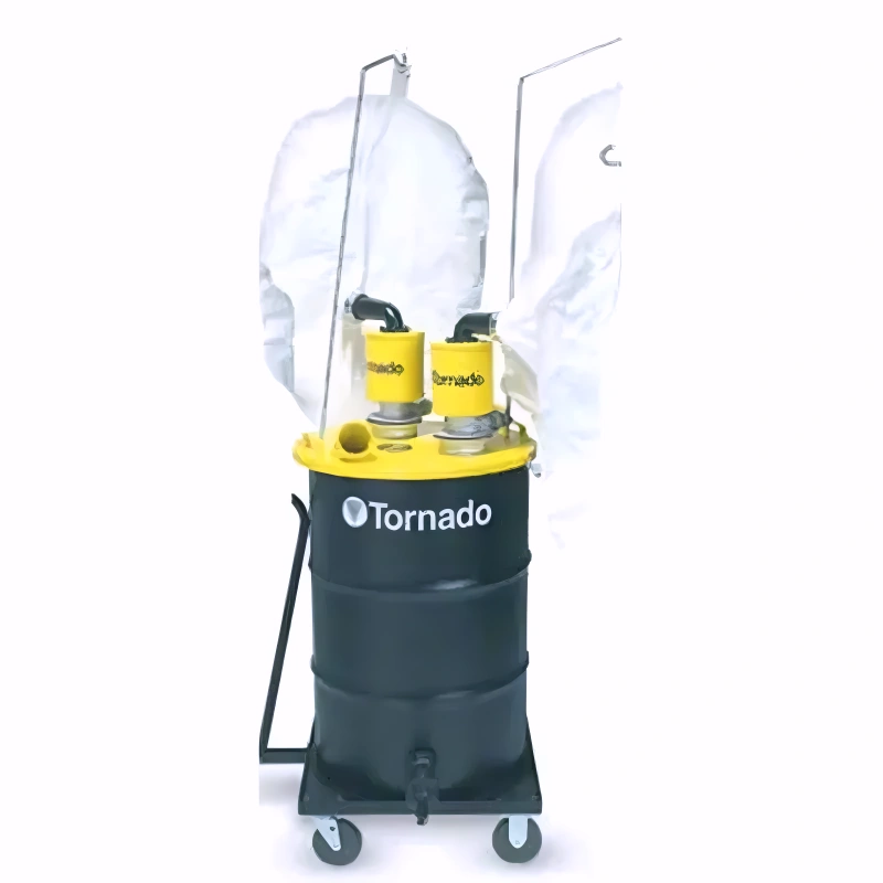 Tornado JA Dual Air Wet Dry Jumbo Industrial Vacuum black drum yellow motors clear bags.