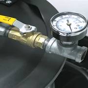 Tornado JA Dual Air Wet Only Jumbo Vacuum close up gauge metal pipe yellow handle.
