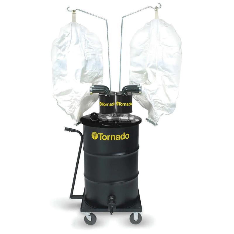 Tornado JA Quad External Air Wet Dry Jumbo Industrial Vacuum front view black body yellow logo white filter bags.