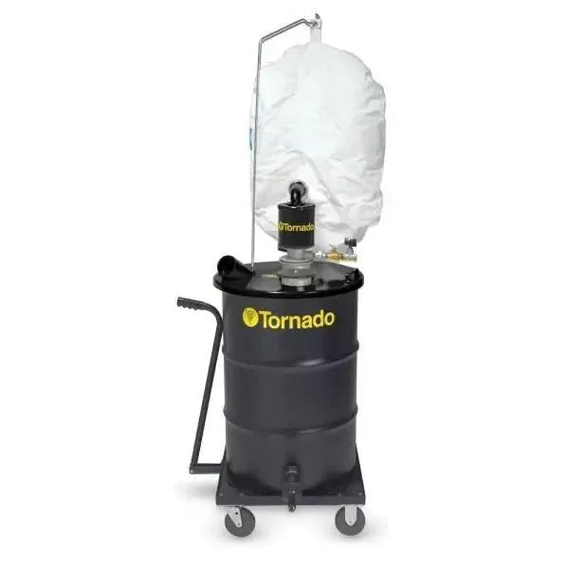 Tornado JA Single Air External Wet Dry Jumbo Industrial Vacuum front view black body yellow logo white bag.
