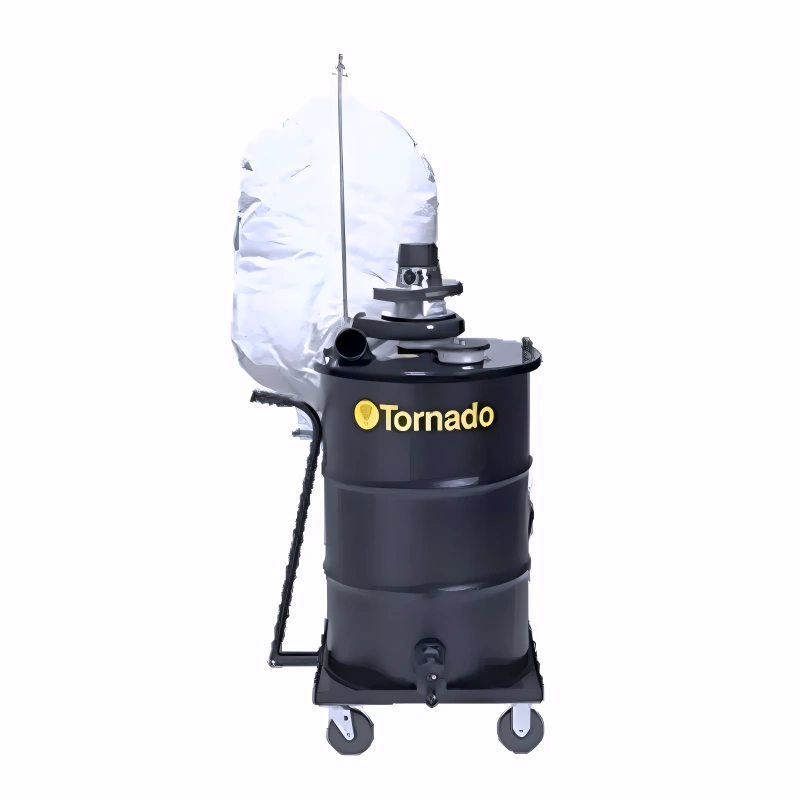 Tornado JE Single 2.25 HP Electric Wet Dry Jumbo Industrial Vacuum assembled black drum yellow logo collection bag attached.