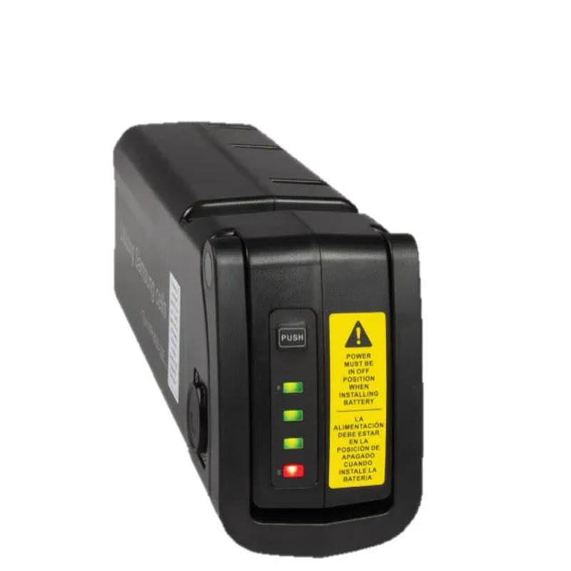 Tornado Lithium Battery PacVac Roam front view black battery yellow warning label green indicator lights.