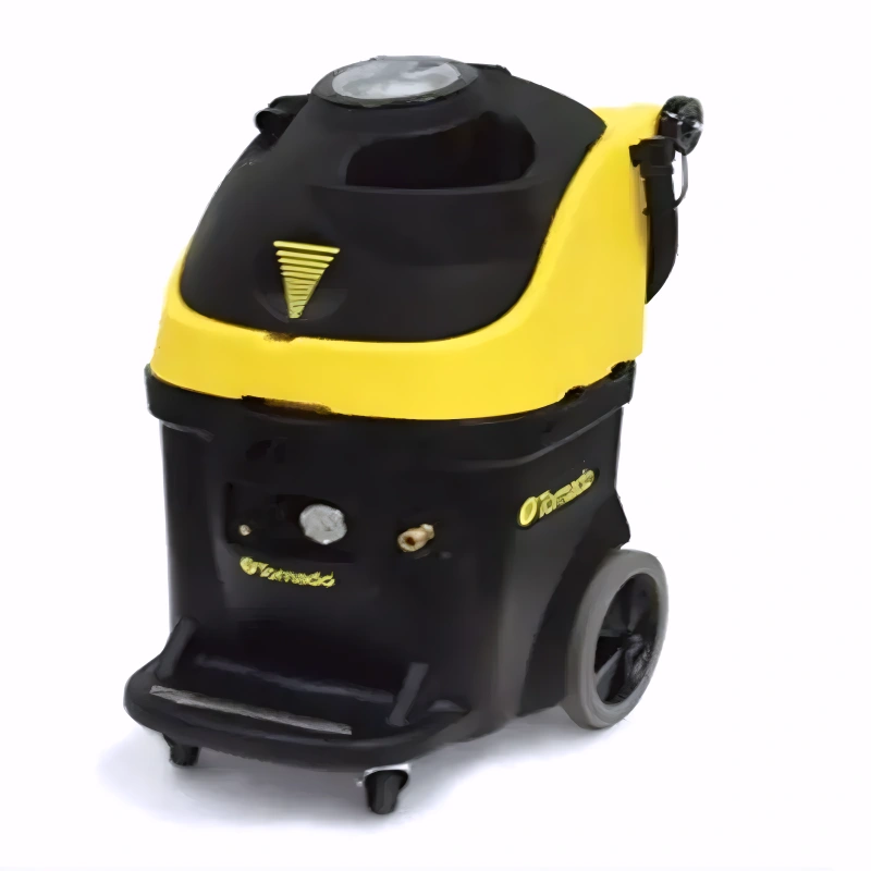Tornado Marathon 2 200H 13 Gallon Heated Carpet Rinser front view black and yellow body pressure gauge hose connections.