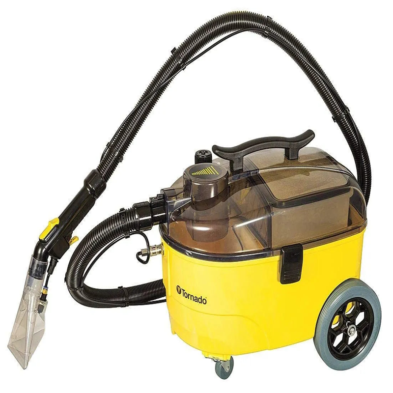 Tornado Marathon 350 Carpet Spotter Extractor side view hose attached yellow body clear lid.