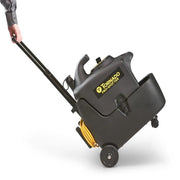 Tornado Pro Spotter tilted for transport black unit yellow label wheels handle.