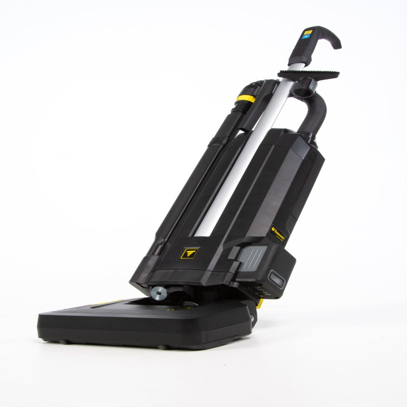 Tornado Strike Dual Motor Upright Vacuum tilted back black yellow.