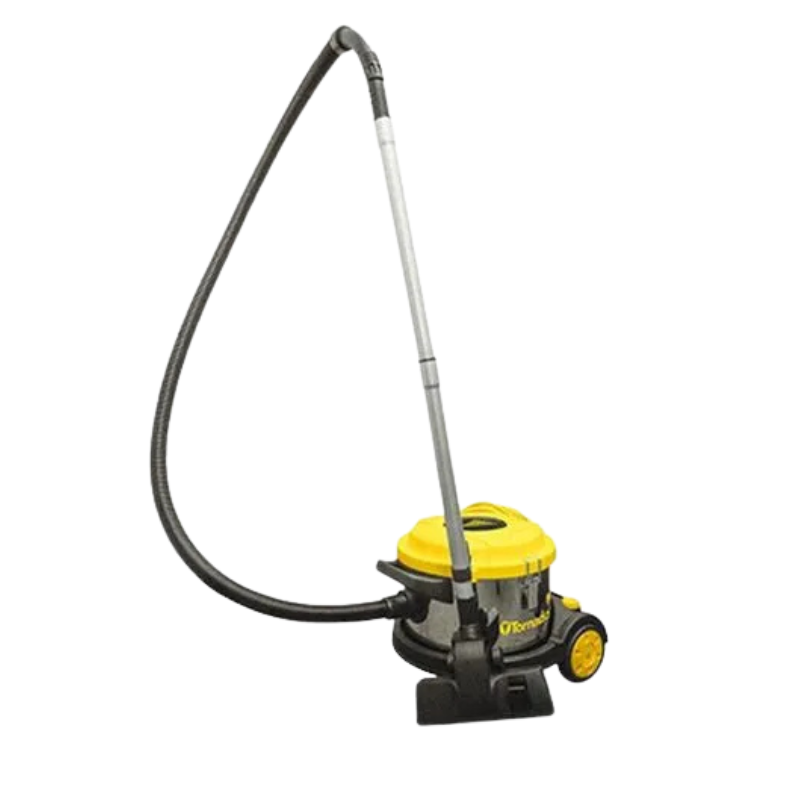 Tornado TV 2 SS Canister Vacuum side view yellow lid stainless steel body black hose.