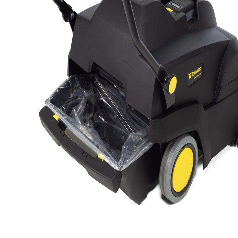 Tornado Tempest Wide Area Carpet Sweeper Vac dust bin open black body yellow wheels.