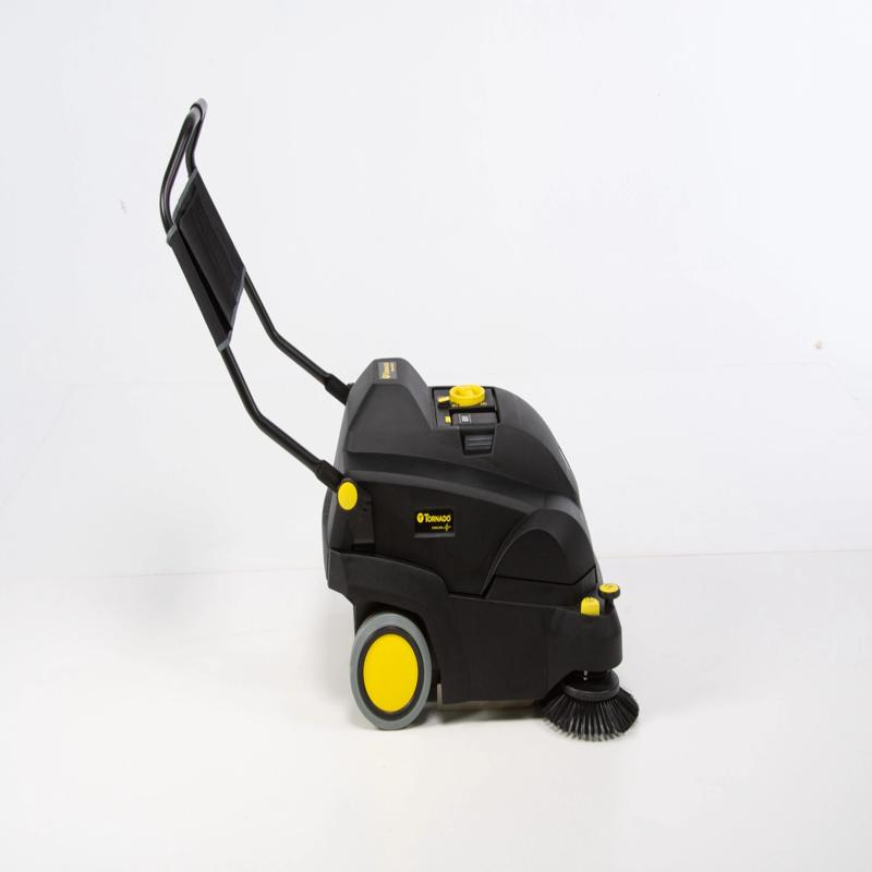 Tornado Tempest Wide Area Carpet Sweeper Vac side view black body yellow wheels handle.