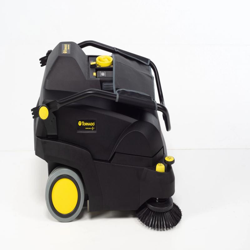 Tornado Tempest Wide Area Carpet Sweeper Vac side view handle folded black body yellow wheels.