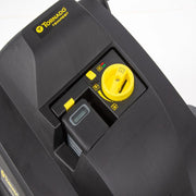 Tornado Tempest Wide Area Carpet Sweeper Vac with battery charger black body yellow wheels.