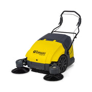 Tornado Torrent 43 Walk Behind Battery Sweeper front angle dual brushes yellow body tornado logo.