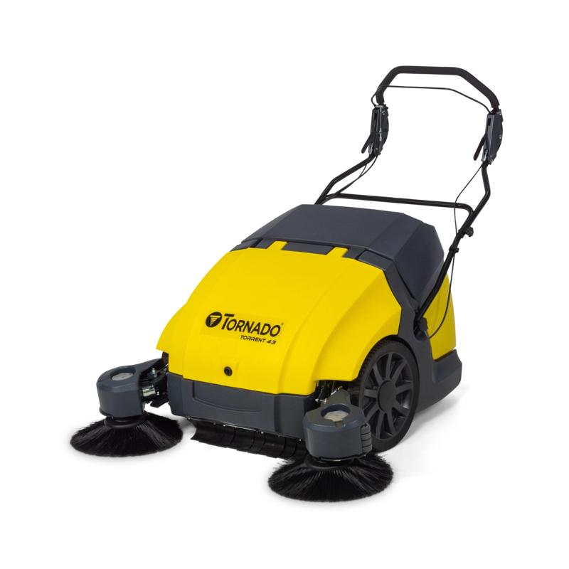 Tornado Torrent 43 Walk Behind Battery Sweeper front angle dual brushes yellow body tornado logo.