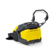 Tornado Torrent 43 Walk Behind Battery Sweeper rear view handle folded yellow and gray body.