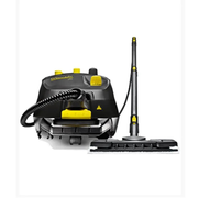 Tornado VS4 Chemical Free Steam Cleaner front view with mop attachment black body yellow controls.
