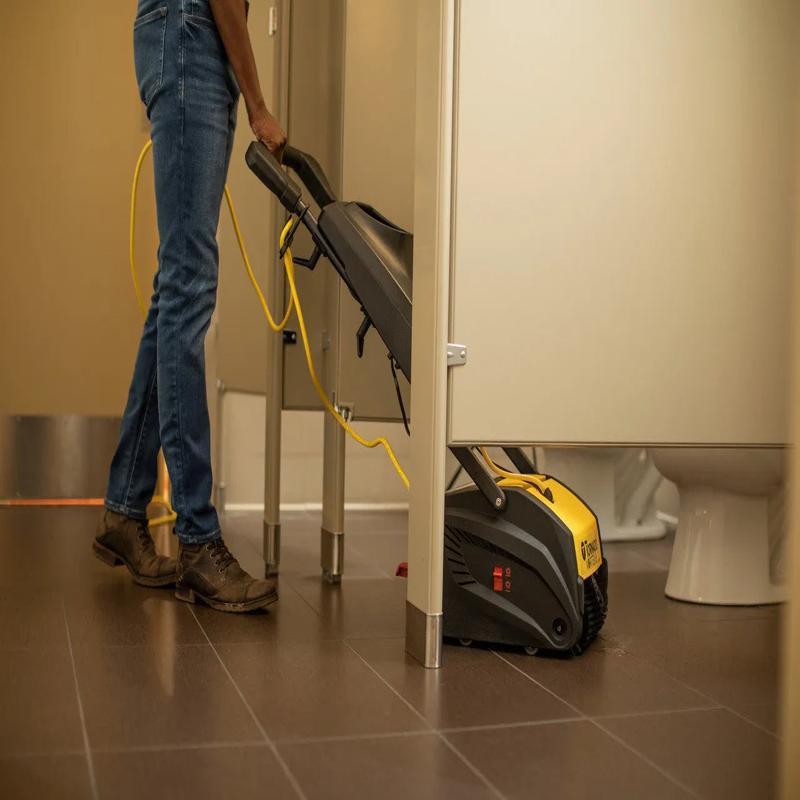 Tornado Vortex 13 multi surface auto scrubber cleaning under stall bathroom yellow black.